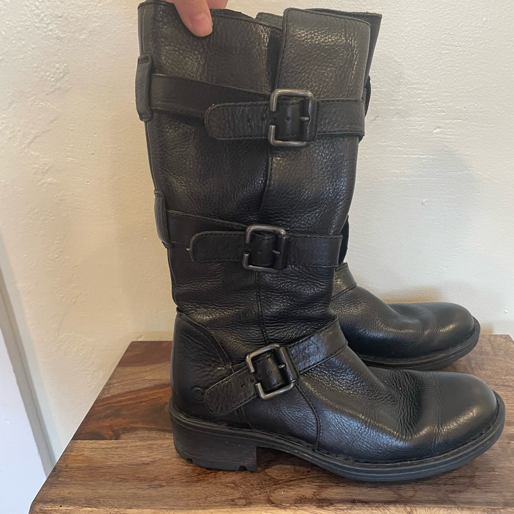 Calf High Biker Buckle Born Zip Up Leather Upper Boots
